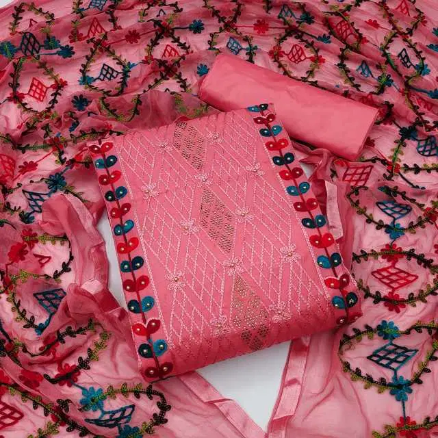 Women's Unstiched Dress Material Suit (Pink) (VK-264)