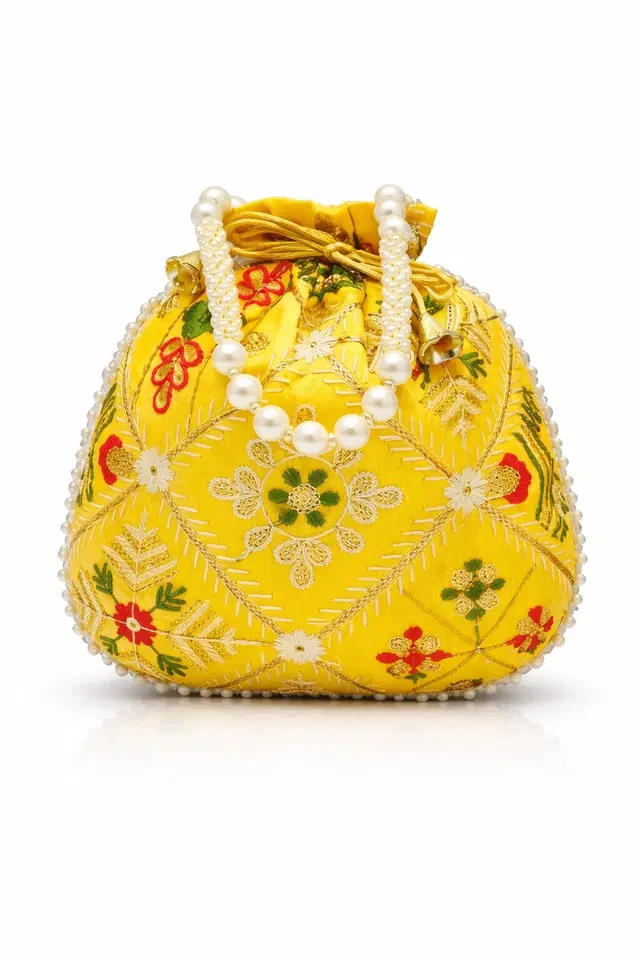 Handcrafted Embroidered Silk Potli Bag, Yellow