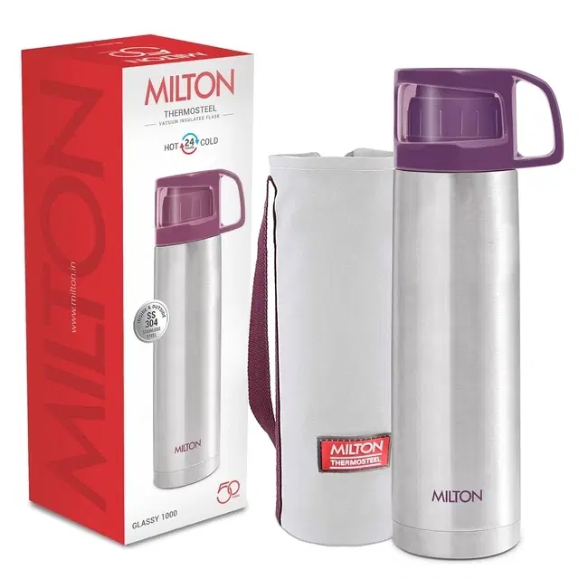 Milton Glassy 1000 Thermosteel 24 Hours Hot and Cold Water Bottle with Drinking Cup Lid, 1 Litre, Assorted