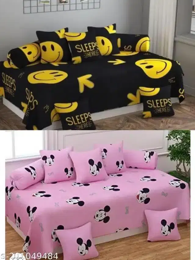 Polycotton Diwan Cover Set, Black & Pink, Combo of 2