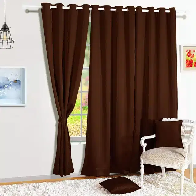 Polyester Solid Door & Window Curtains, Pack of 3, Brown, 7 feet