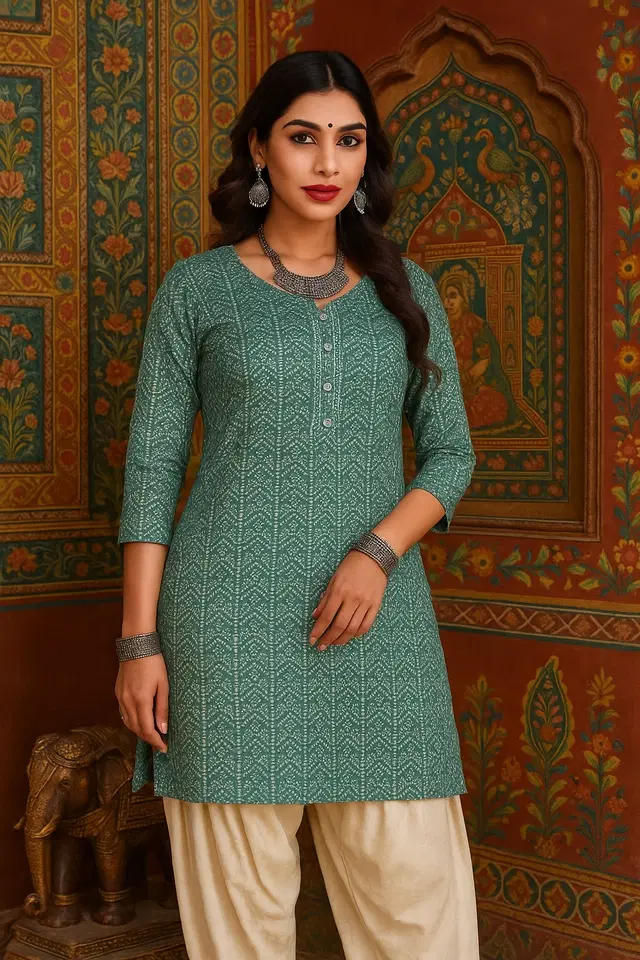 Rayon Printed Kurti for Women, Green (S)