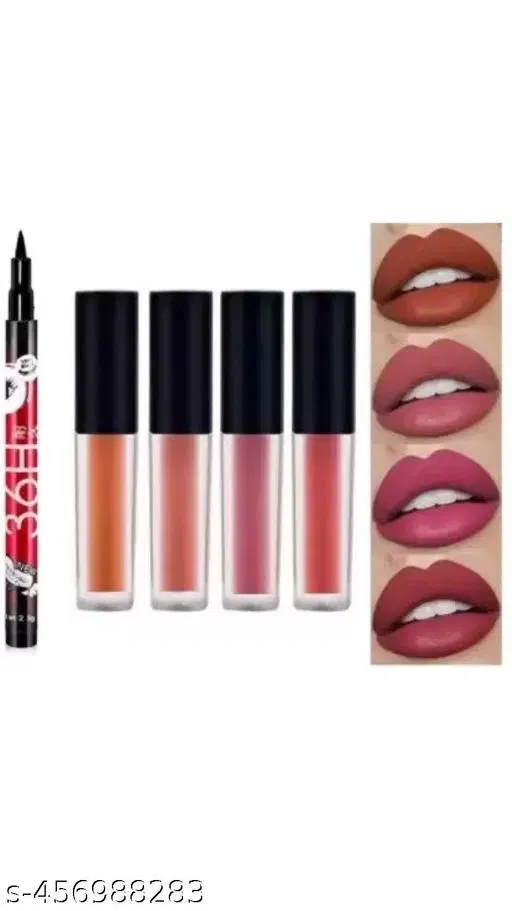 4 Pcs Liquid Lipstick with 1 Pc Eyeliner, Multicolor, Set of 2