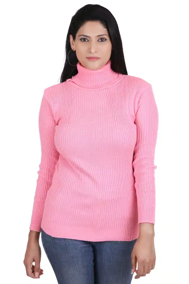 Full Sleeves High Neck Sweater for Women (Pink, M)
