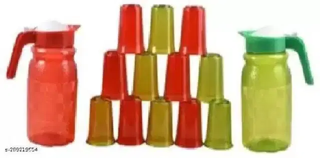 Plastic 2 Pcs Jug with 12 Pcs Glass, Green & Red, Set of 2