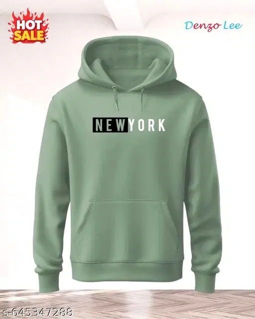 Fleece Printed Hoodie for Men, Green (M)