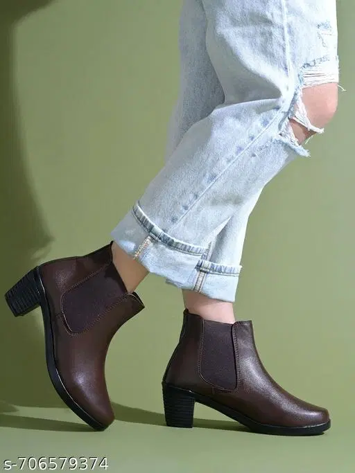 Shoetopia Synthetic Block Heeled Boots Brown IND-4