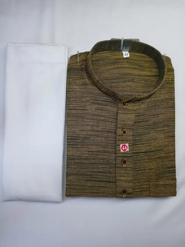 Khadi Cotton Solid Kurta with Pyjama for Men (Olive & White, XXXL)