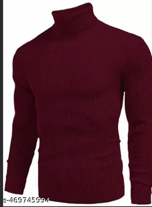 Wool Solid Hi-Neck Sweater for Men, Maroon (S)