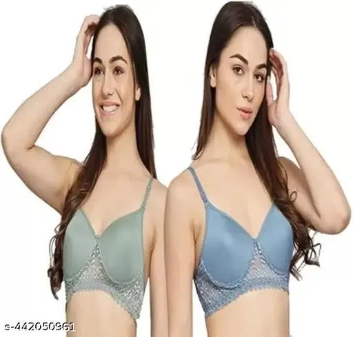 Cotton Solid Bra for Women & Girls, Blue & Green, Pack of 2 (28B)