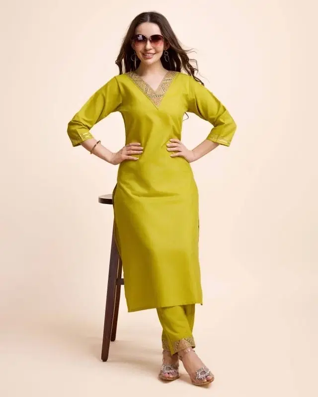 Cotton Solid Women's Kurta with Pant Set, Yellow (XL)
