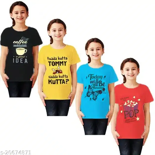 Cotton Half Sleeves T-Shirt for Girls, Pack of 4 (Multicolor, 9-12 Months)
