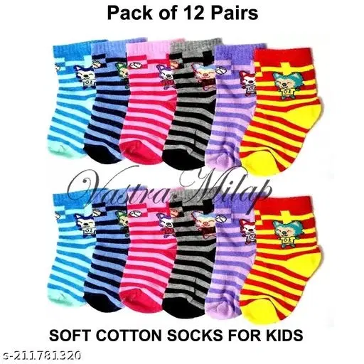 Cotton Socks for Kids, Set of 12 (Multicolor, 0-3 Months)