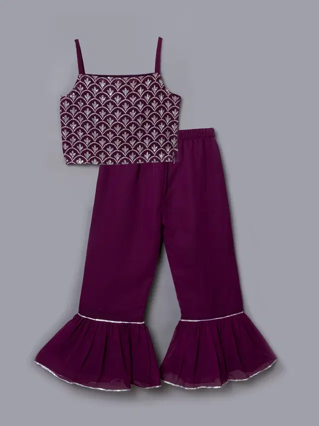 Georgette Embroidered Kurti with Sharara & Dupatta for Girls (Purple, 7-8 Years)