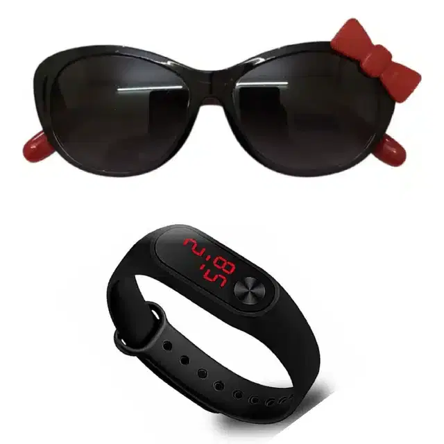 UV Protected Sunglass with Digital Watch for Boys & Girls, Set of 2 (Black)