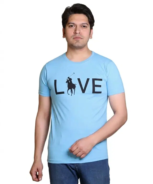 Cotton Blend Printed T-shirt for men, Light Blue (XL)