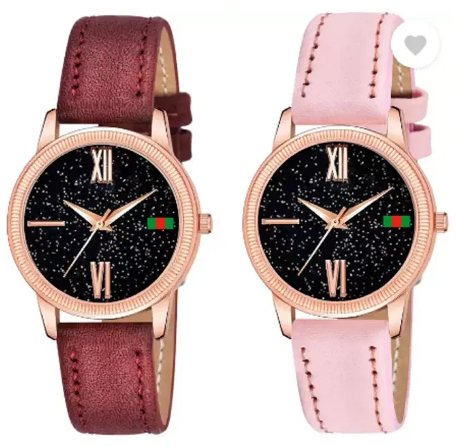 Leather Strap Analog Watch for Women & Girls, Pack of 2 (Multicolor)