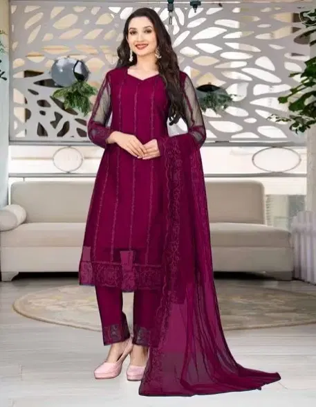 Net Solid Kurta Set with Dupatta for Women (Pink, XL)