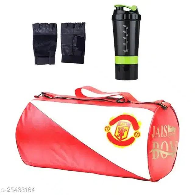 Combo of Gym Bag with Shaker Bottle, 400 ml, Gloves, Multicolor, Set of 3