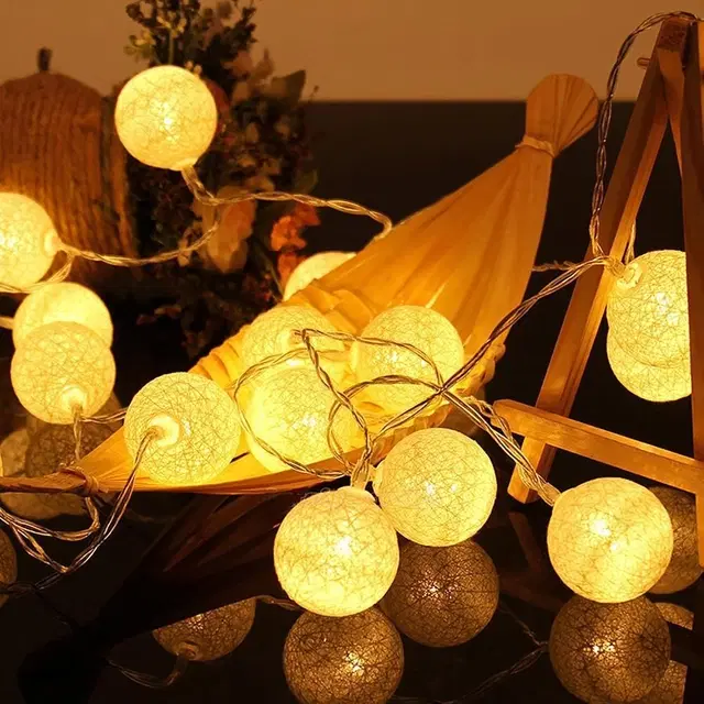 10 LED Cotton Ball Light for Decoration (Pack of 1, Golden, 3 Meter)