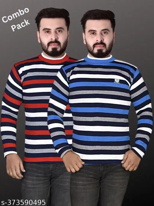 Woolen Striped Sweater for Men, Pack of 2 (Blue & Red, M)