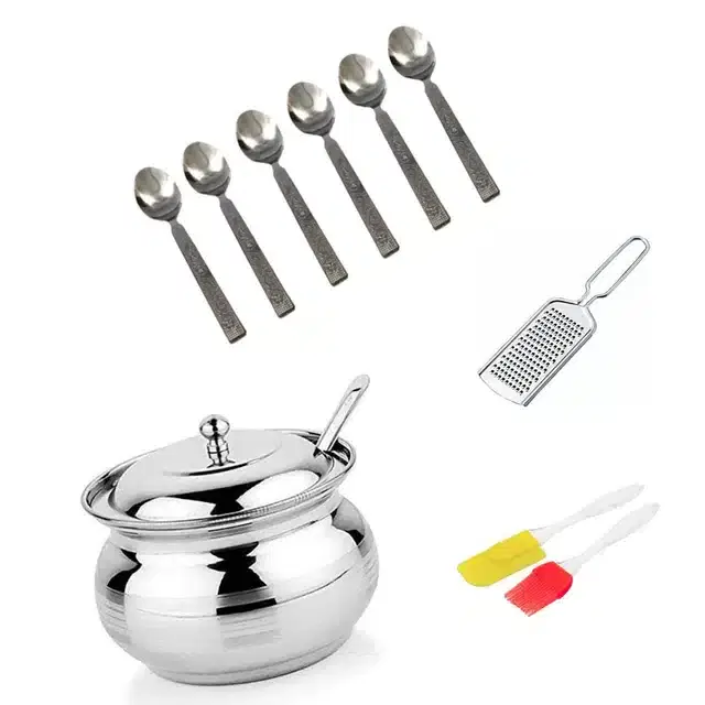Stainless Steel Cheese Grater, Oil Brush Set, 6 Steel Chammach & Ghee Pot with Spoon, Combo of 4