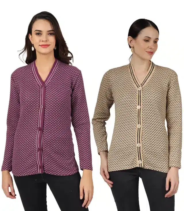 Woollen Blend Full Sleeves Cardigan for Women, Pack of 2 (Purple & Beige, M)