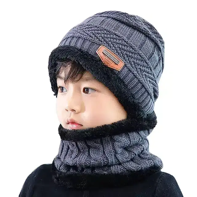 Winter Cap with Neck Warmer for Boys, Set of 1 (Grey, 7-14 Years)