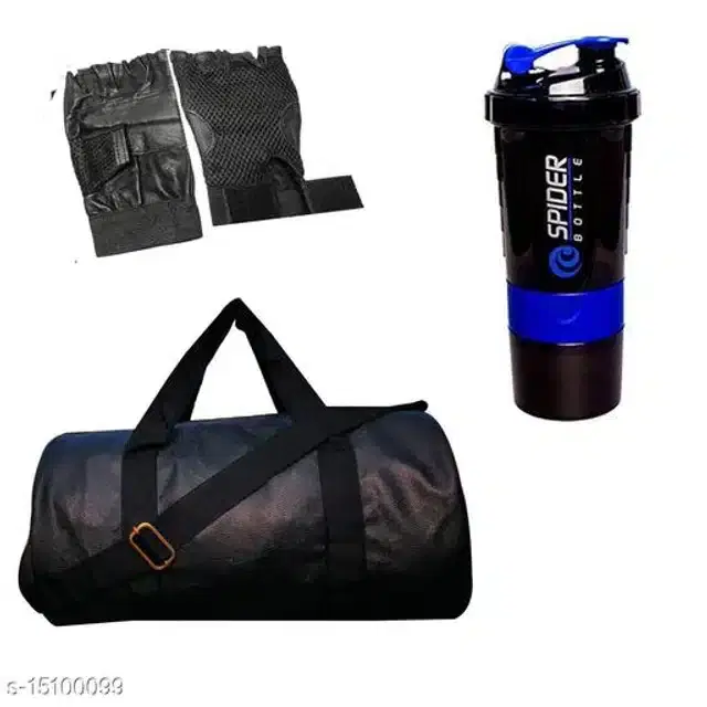 Combo of Gym Bag with Shaker Bottle, 400 ml, Gloves, Multicolor, Set of 3
