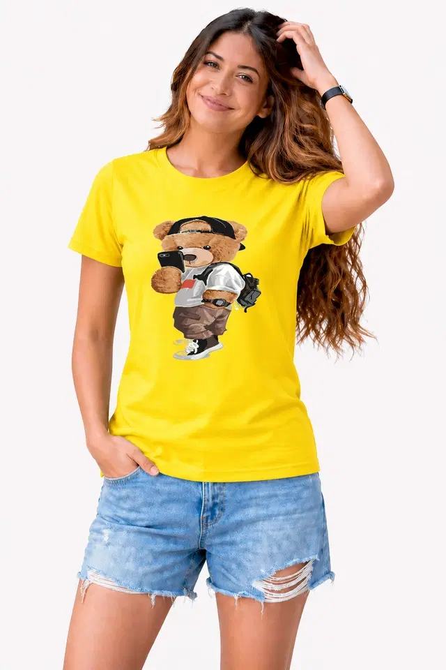 Cotton Blend Casual Tshirts for Women (Yellow, M)