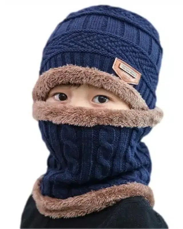 Winter Cap with Neck Warmer for Boys, Set of 1 (Blue, 7-14 Years)