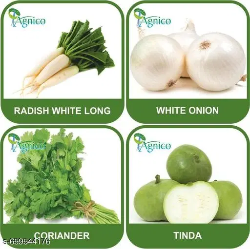 4 Vegetable Seeds Combo With Instruction Manual(Radish White Long/White Onion/Coriander/Tinda)