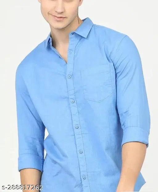 Cotton Solid Shirt for Men, Blue (L)