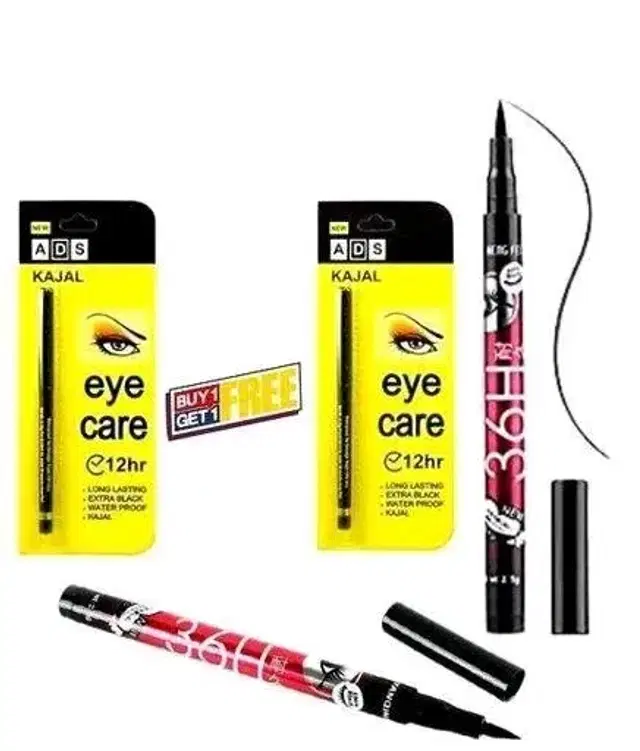 Ads 2 Pcs Kajal with 2 Pcs 36h Eye Liner, Black, Set of 2