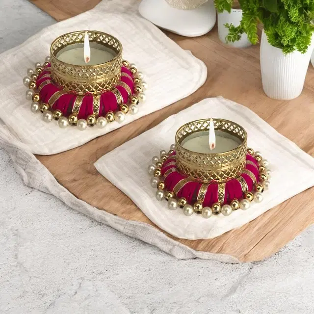 Metal Designer Tealight Candle Holder, Pink, 7.8x7.8x3 cm, Pack of 2