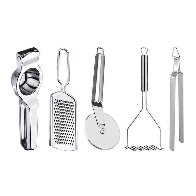 Oc9 Stainless Steel Lemon Squeezer & Cheese Grater & Pizza Cutter & Potato Masher & Roti Chimta Kitchen Tool Set, O-119
