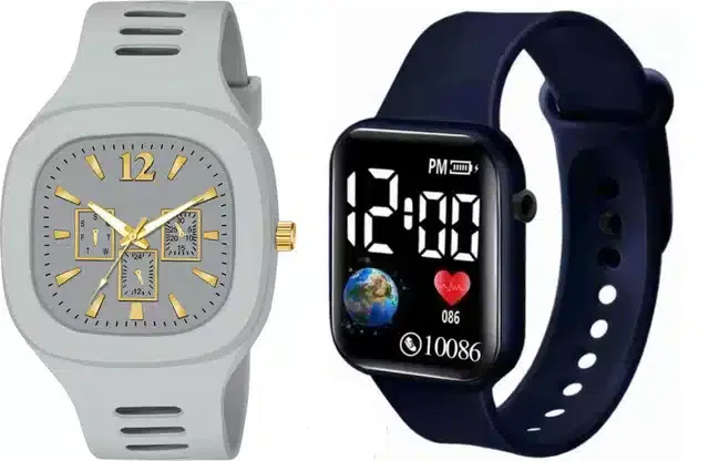 Analog with Smartwatch Combo for Men, Pack of 2 (Grey & Blue)