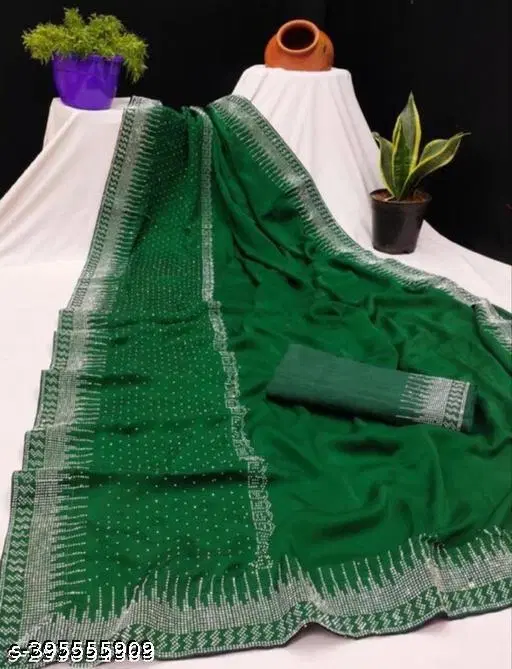 Chiffon Embellished Saree For Women, Green