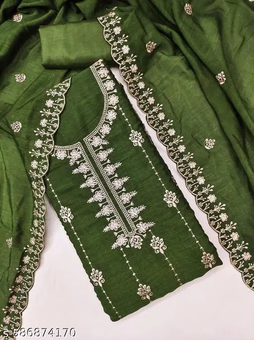 Vichitra Silk Punjabi/All Over Suits Semi-Stitched Suits for Women (Green, Un Stitched)