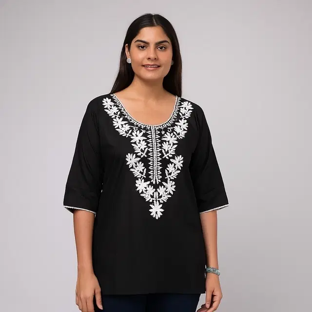 Cotton Embroidered Short Kurti for Women, Black (L)
