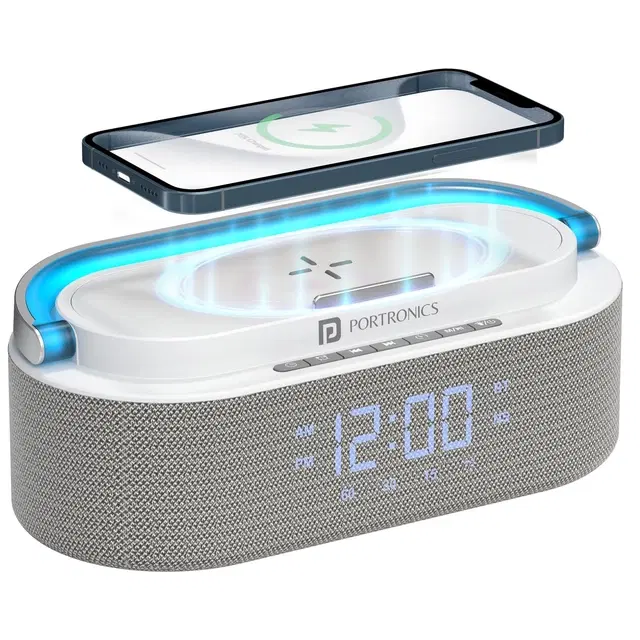 Portronics String 16w Hd Sound Bluetooth Speaker With 15w Wireless Charging, Rgb Led Lights, Digital Clock With Alarm Setting, Built-In White Noise, Usb/sd Card/AUX In, Type C Charging(White)