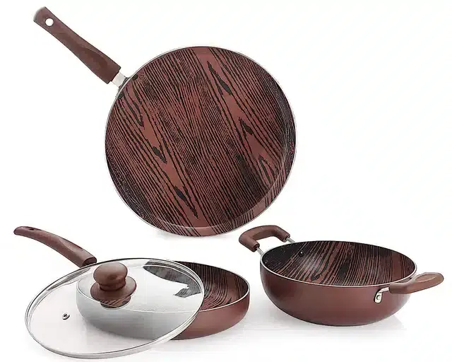 Aluminium Non Stick Tawa, Sauce Pan & Kadahi with Lid, Brown, Set of 3