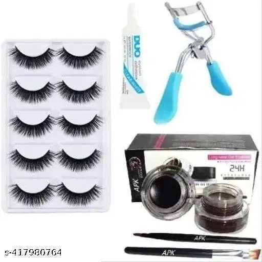 False Eyelashes-Set Of 5, Eyelashes Glue & Eyelash Curler With Gel Eyeliner (8 Items In The Set)