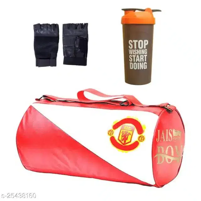 Combo of Gym Bag with Shaker Bottle, 600 ml, Gloves, Multicolor, Set of 3