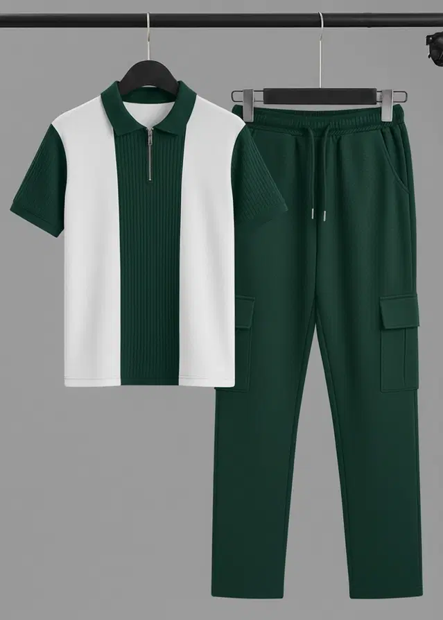 Colorblocked Night Suit For Men  Green , (M)
