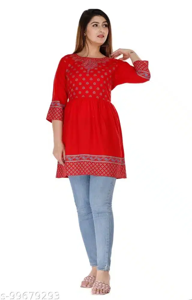 Anarkali Rayon Printed Kurti for Women (Red, S)