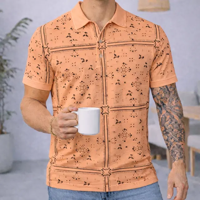 Cotton Blend Printed T-Shirt for Men, Peach (L)