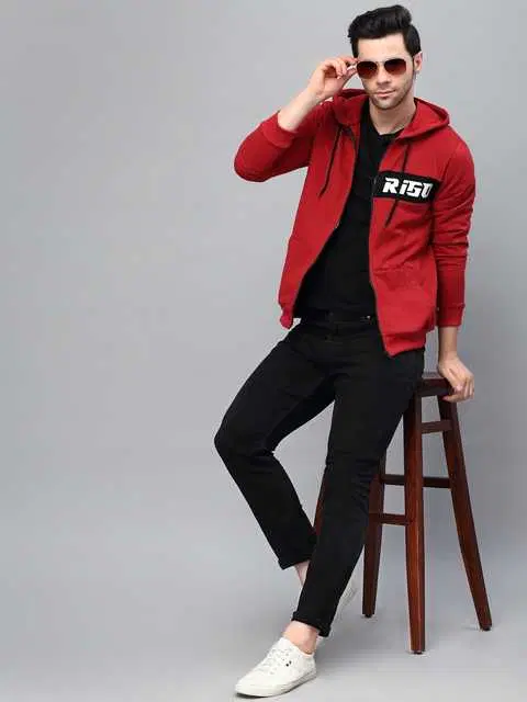Printed Fleece Jacket for Men (Red, XL)