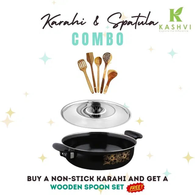 Cast Iron Kadai with 5 Pcs Spatula Set, Multicolor, Set of 2