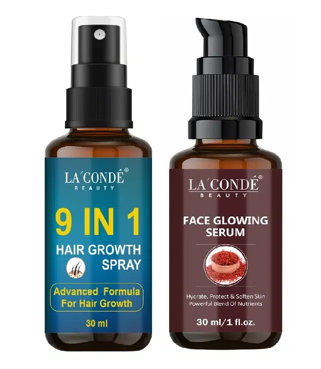 Combo of La'Conde Beauty 9 in 1 Hair Growth Spray & Face Glowing Serum, 30 ml, Set of 2